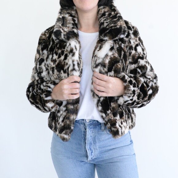 Band Of The Free Cream And Brown Animal Print Fake Fur Mob Wife Cropped Jacket S - Picture 2 of 11